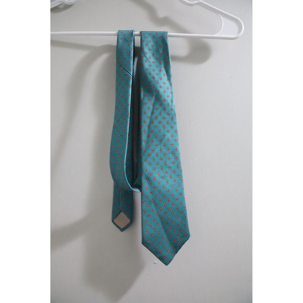 Christian Dior Mens Silk Necktie Teal Green Red White Micro Paisley Logo Lining